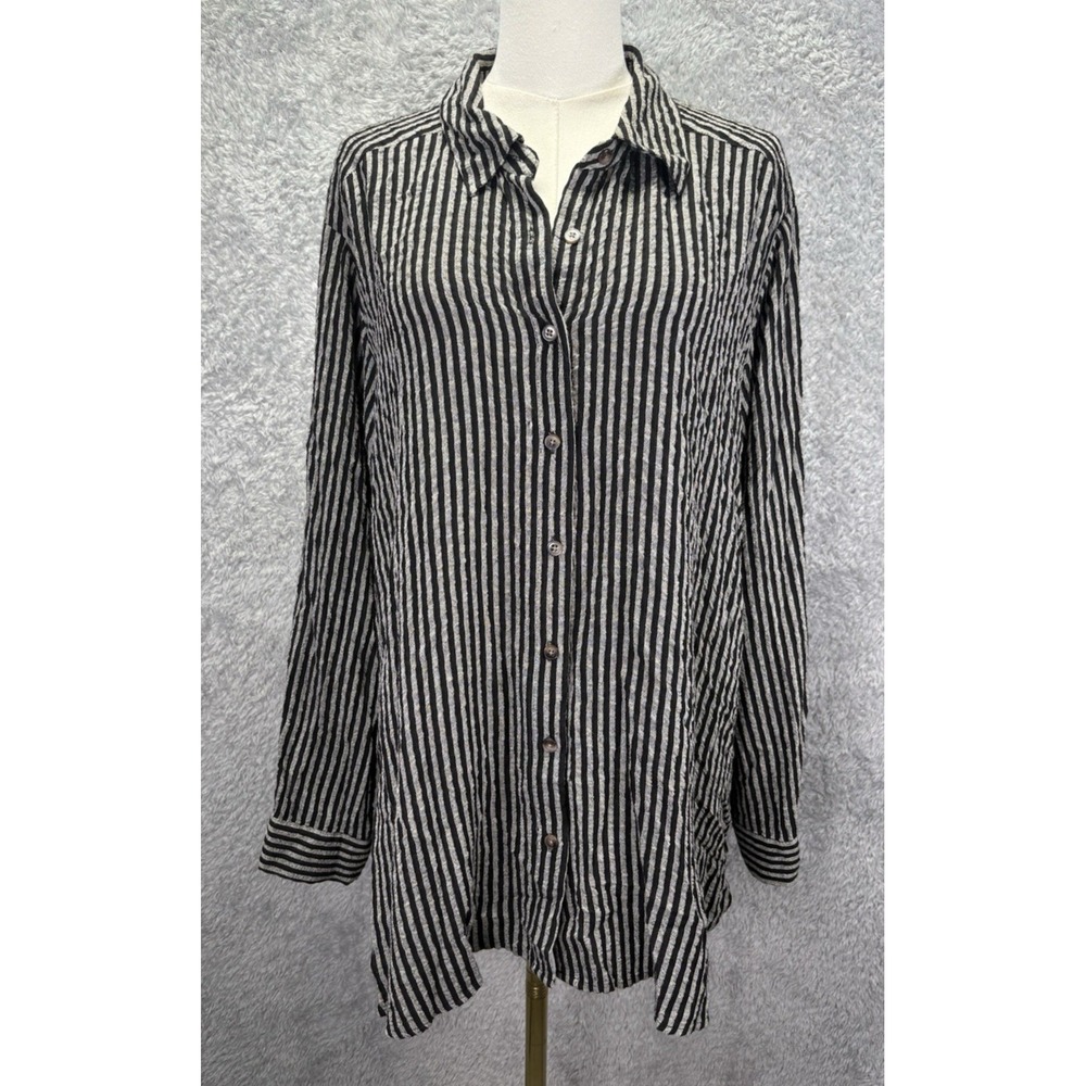 Jane + Delancey Womens 1X Black Gray Striped Tunic Top Button Down Lagenlook